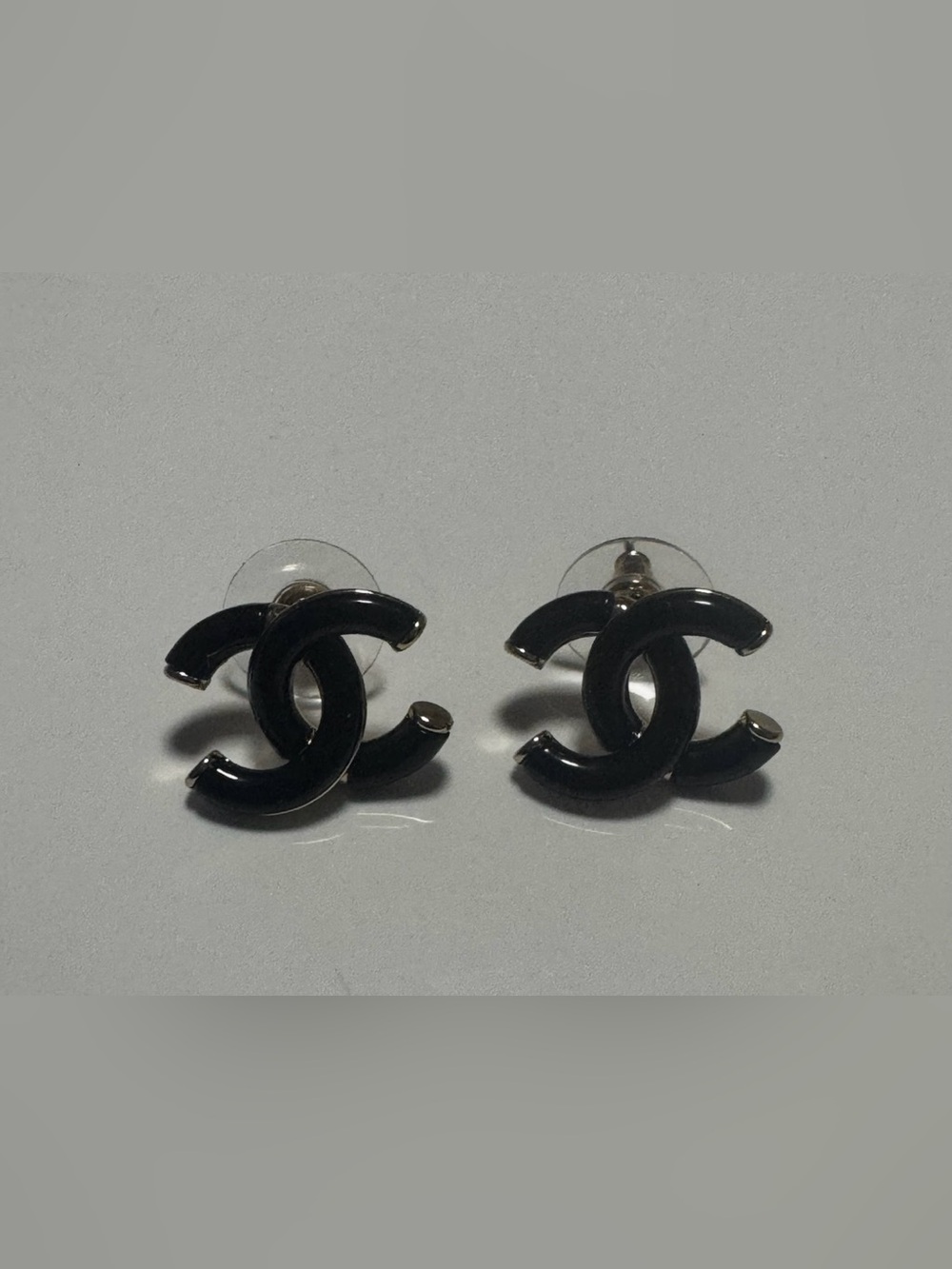 Chanel Black Interlocking C Stud Earrings